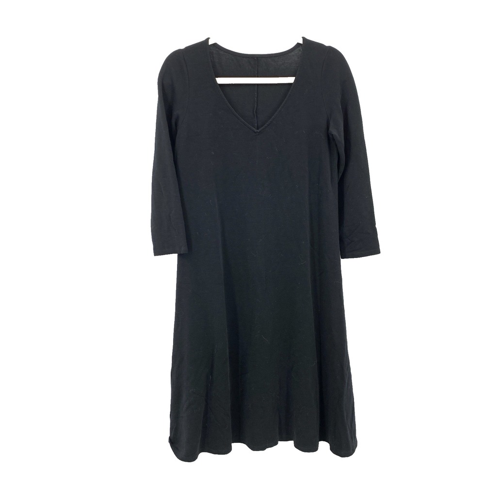 Eileen Fisher Women‎ Size Medium Dress 3/4 Sleeve V Neck Black Wool Stretch